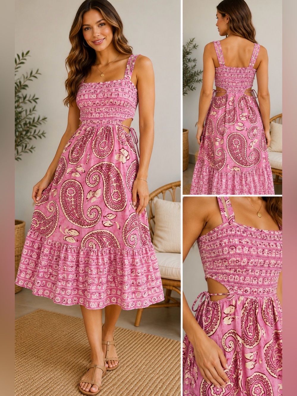SO Pink Paisley Midi Dress with Cutouts